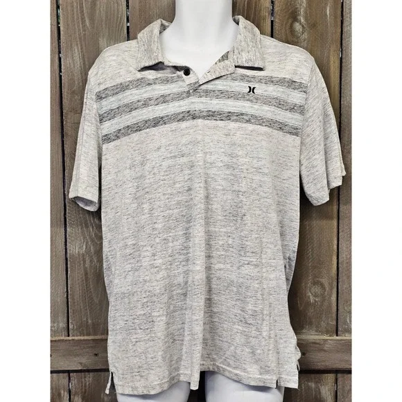 Hurley Men's Gray Short Sleeve Polo Size Large Striped Golf Shirt - Picture 2 of 11